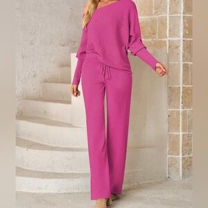 Women's Fuschia Ribbed Wide-Leg Pant Set Sz L